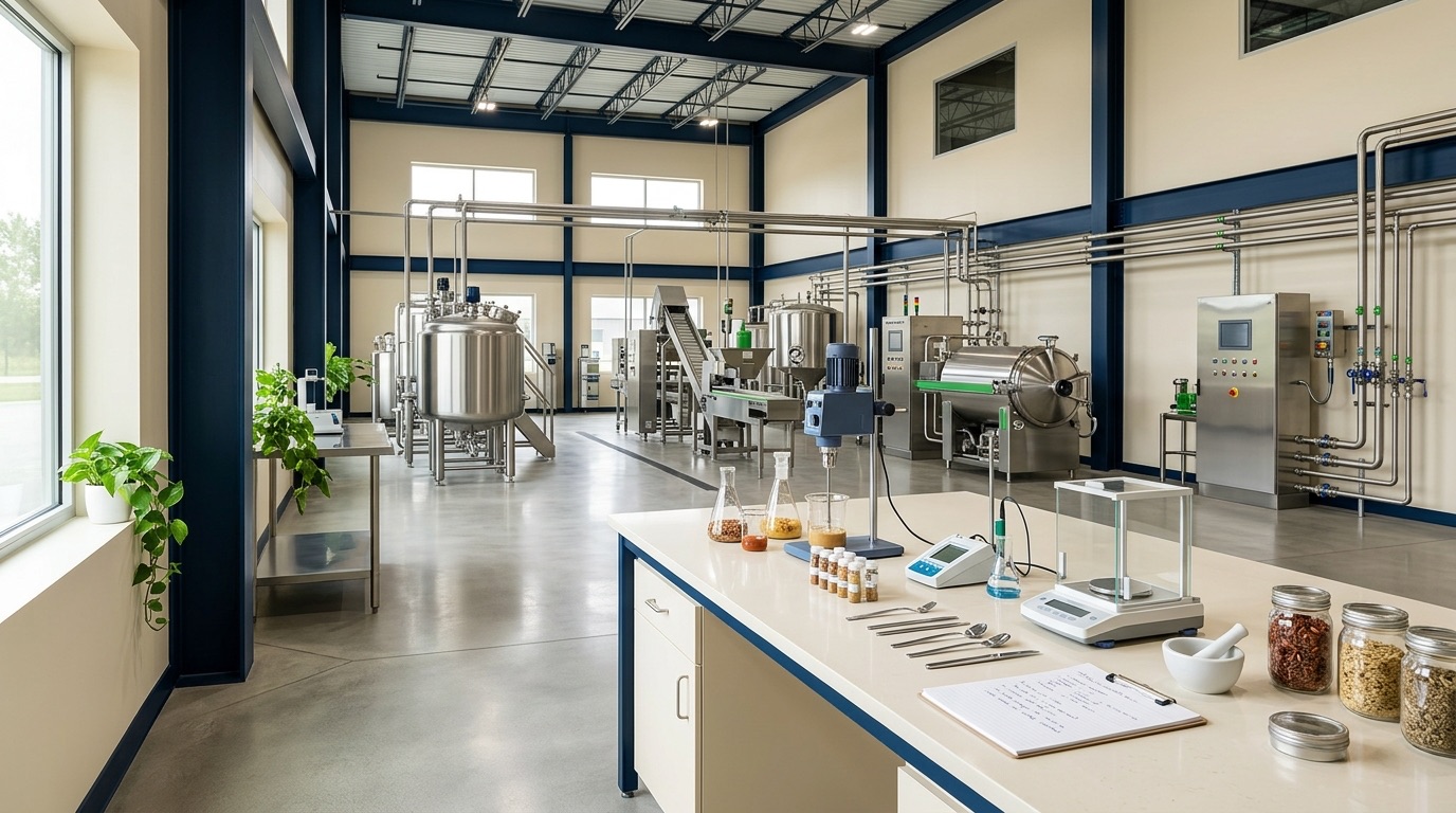 Food scientists in a modern manufacturing facility